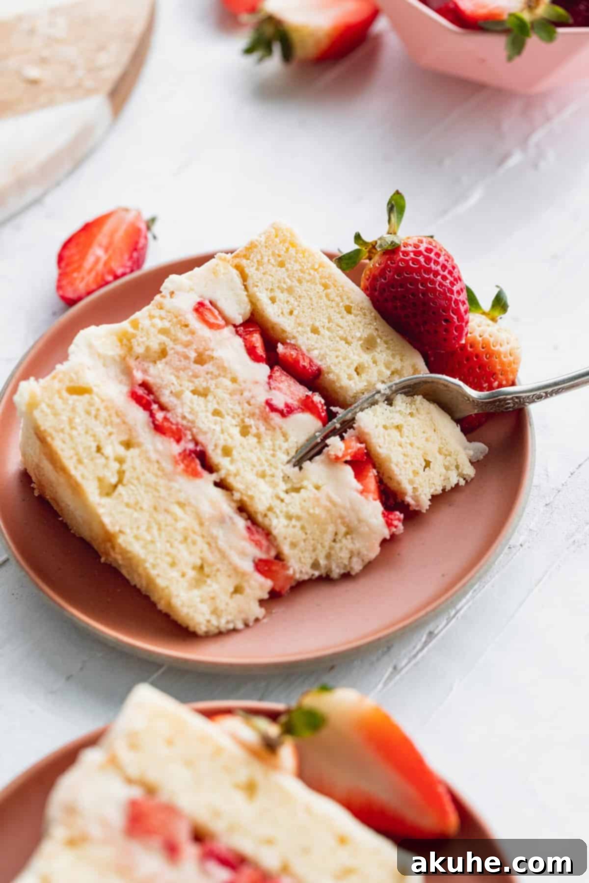 Elegantly Undressed Strawberry Cake 8 Close up of cake slice.