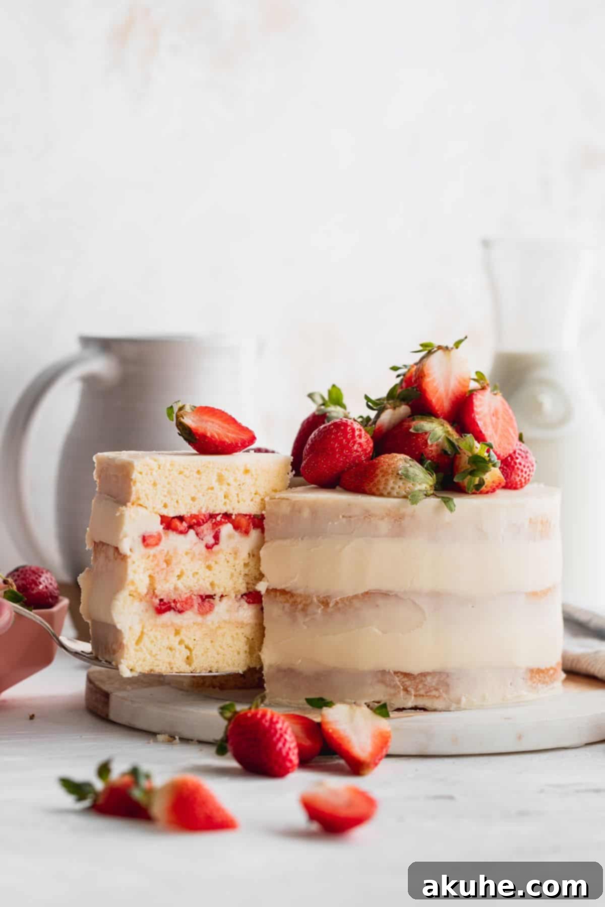 Elegantly Undressed Strawberry Cake 9 Taking a cake slice out of the strawberry semi-naked cake.