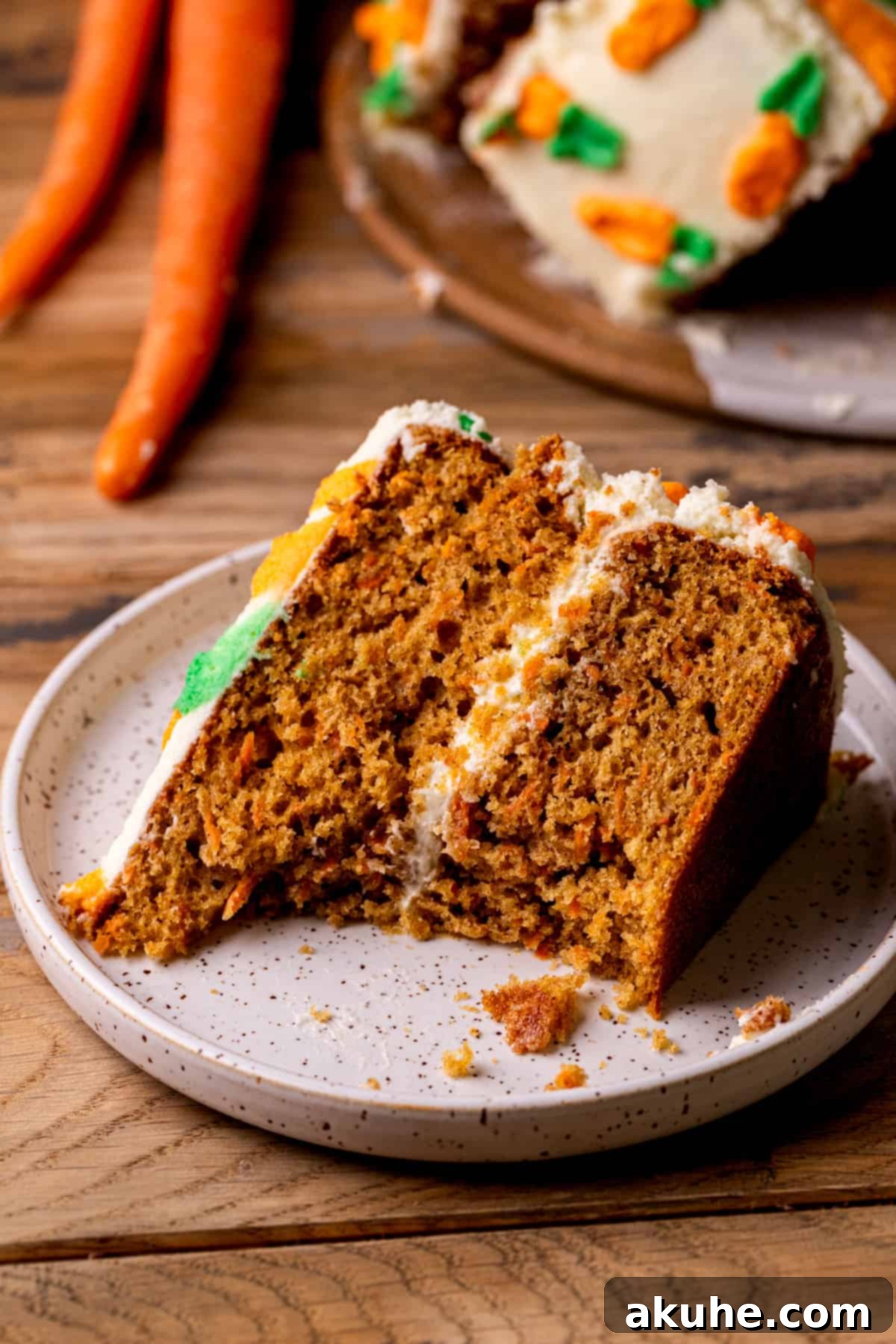 Heavenly Carrot Cake 11 A delectable piece of carrot cake with a bite missing, emphasizing its irresistible moistness and delightful texture, a true testament to its perfection.