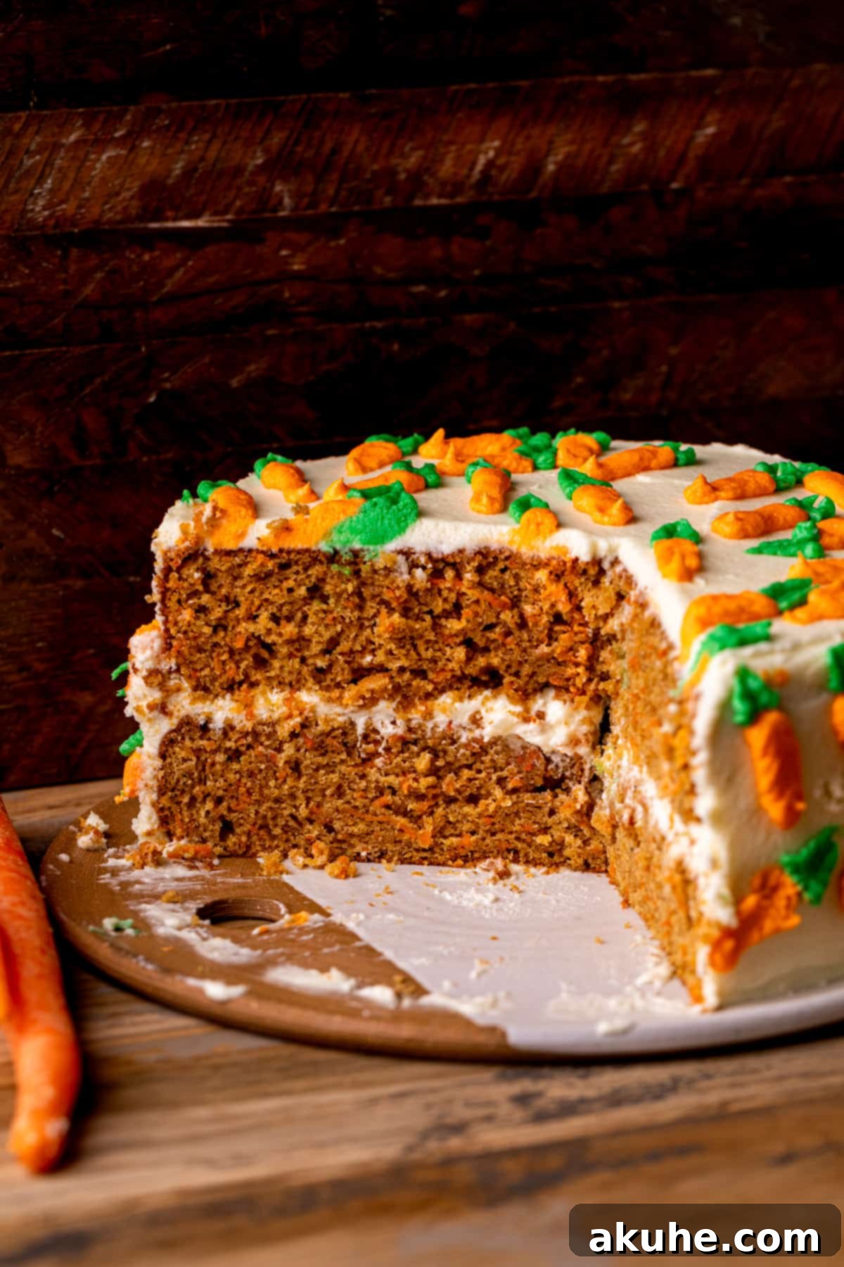 Heavenly Carrot Cake 3 A beautifully decorated carrot cake with delicate piped carrot details, resting on an elegant platter, ready to be served.