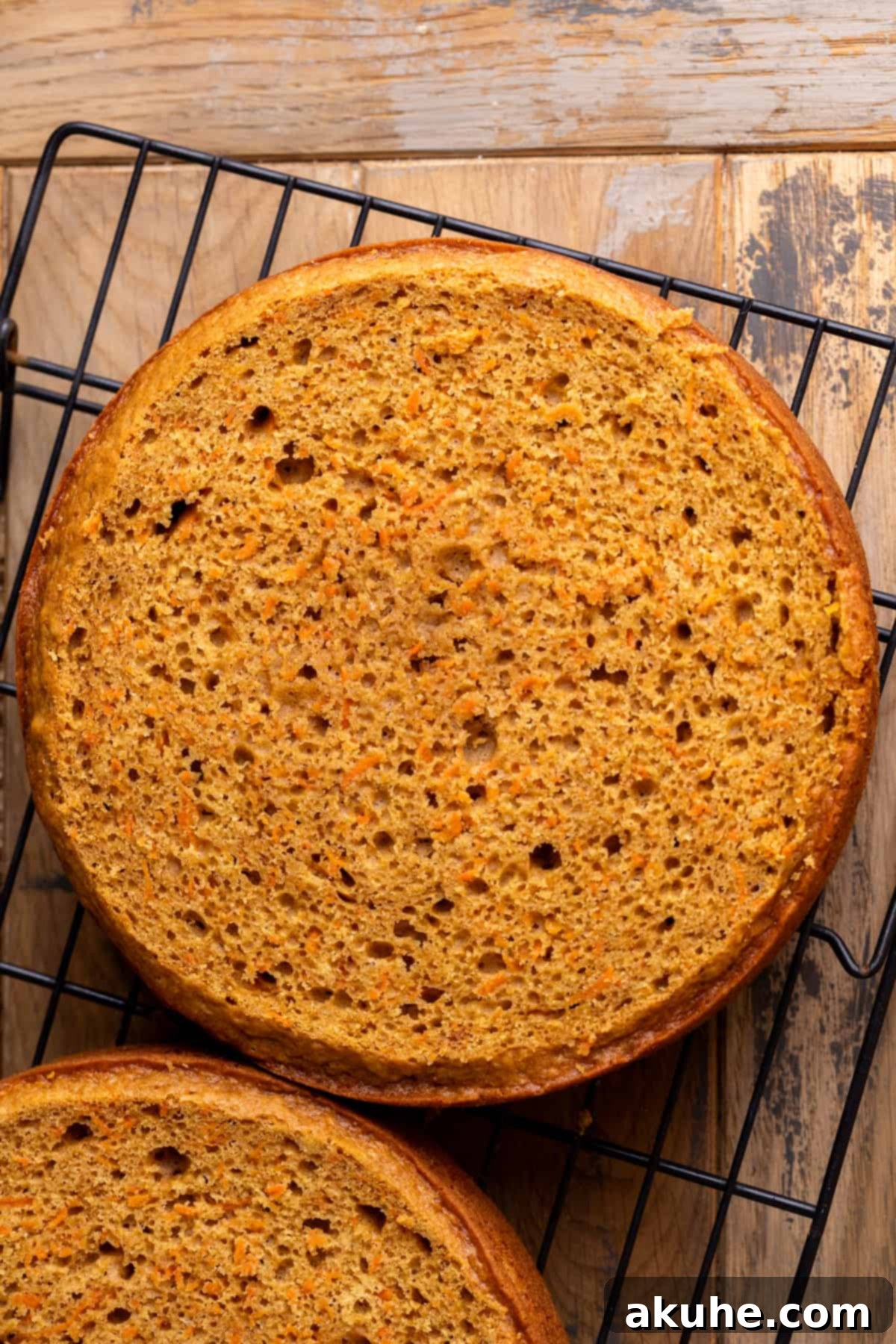 Heavenly Carrot Cake 6 Perfectly baked carrot cake layers, golden brown and cooling on a wire rack, awaiting their luscious cream cheese frosting.