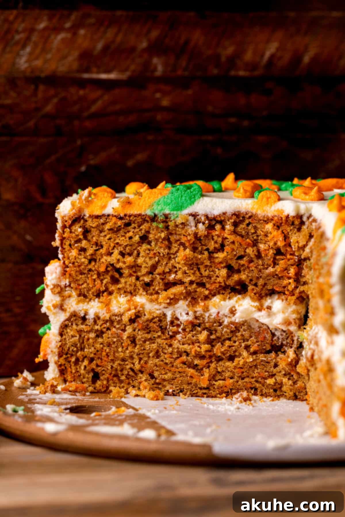 Heavenly Carrot Cake 9 A close-up shot of the best carrot cake, revealing its moist texture, rich spices, and perfectly applied cream cheese frosting, a truly appetizing sight.