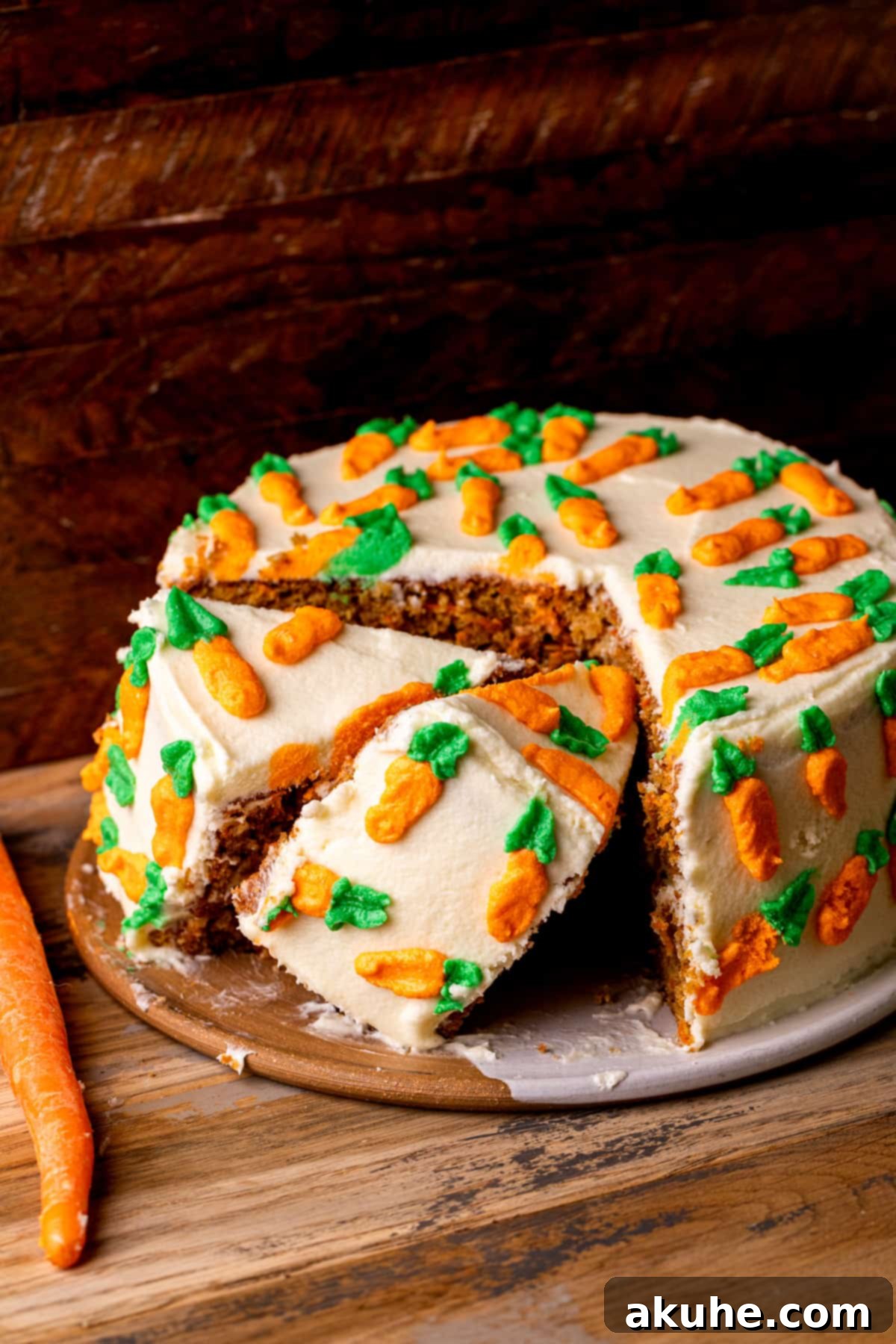 Heavenly Carrot Cake 10 Two enticing slices of carrot cake, tilted slightly to showcase their fluffy layers and rich cream cheese frosting, inviting you to take a bite.