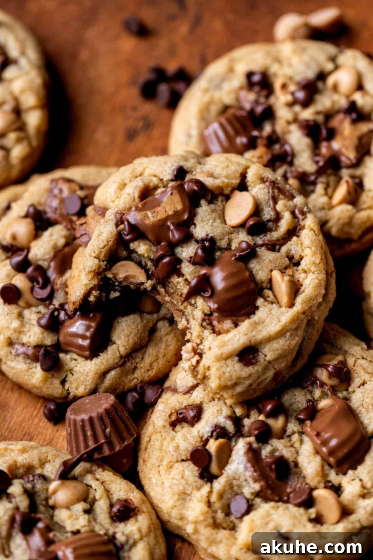 Ultimate Reese's Peanut Butter Chip Cookies 2 A perfectly baked Reese's peanut butter chip cookie with a bite missing, showcasing its chewy interior filled with chips and candy.