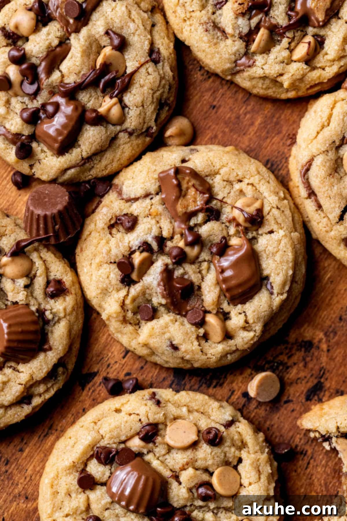 Ultimate Reese's Peanut Butter Chip Cookies 3 An overhead view of freshly baked Reese's peanut butter chip cookies cooling on a wire rack.