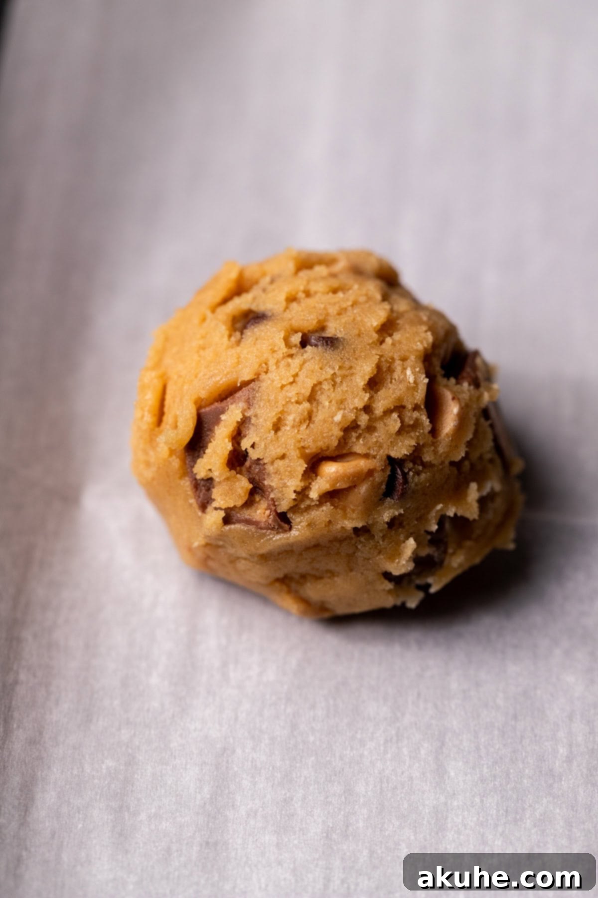 Ultimate Reese's Peanut Butter Chip Cookies 7 A perfectly portioned ball of peanut butter cookie dough resting on parchment paper on a baking sheet.