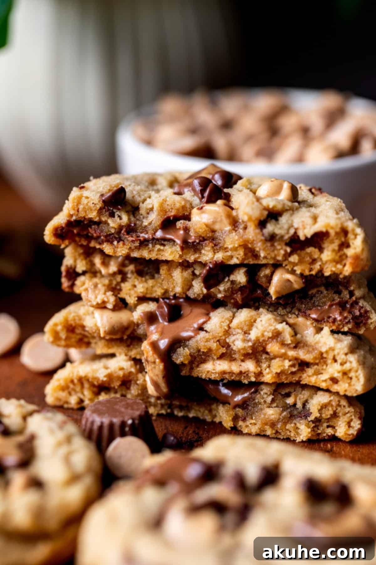 Ultimate Reese's Peanut Butter Chip Cookies 8 A stack of two Reese's peanut butter chip cookies, both broken in half to reveal their chewy centers and abundance of mix-ins.