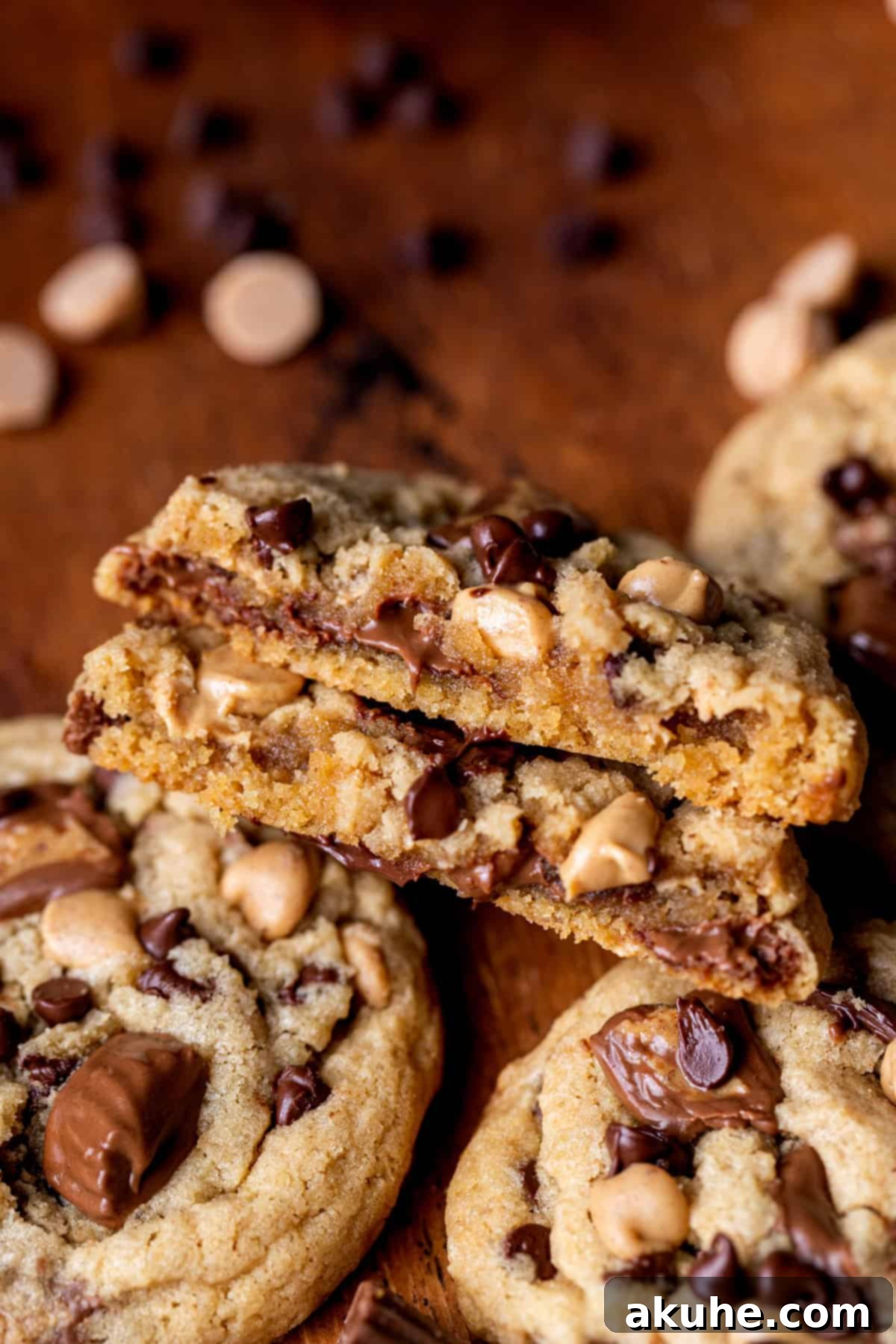 Ultimate Reese's Peanut Butter Chip Cookies 9 A single Reese's peanut butter chip cookie split in half, showing its soft texture and the generous distribution of chocolate and peanut butter pieces.