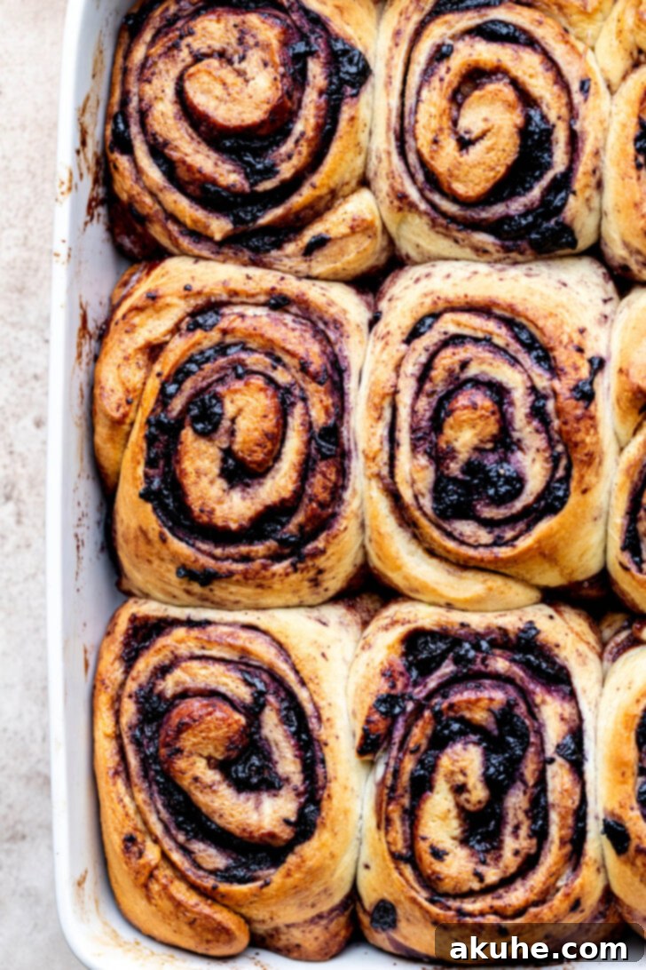 Warm, baked blueberry cinnamon rolls fresh out of the oven in a baking pan, ready for icing.