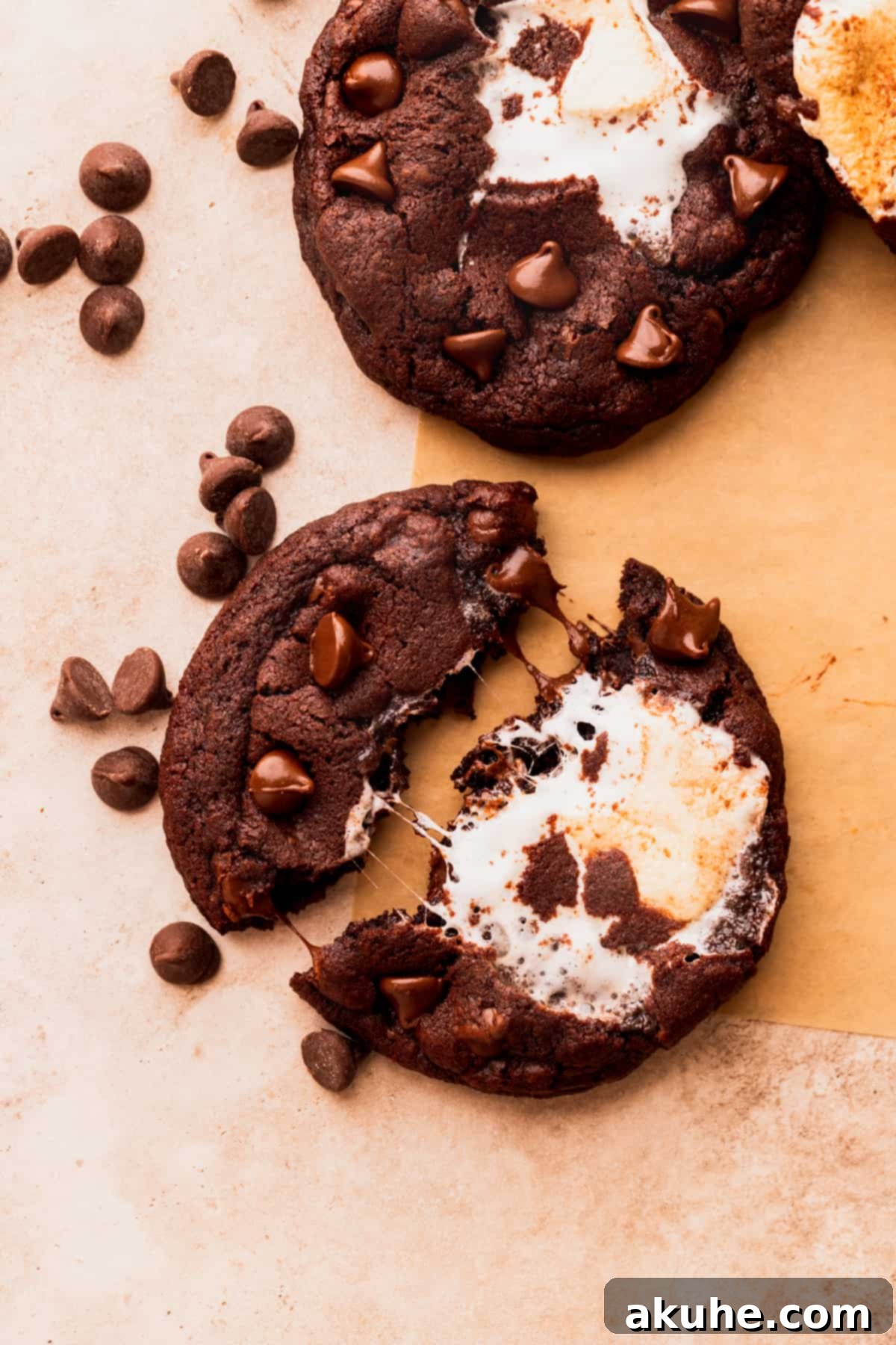 One chocolate marshmallow cookie split in half, revealing a gooey marshmallow center.