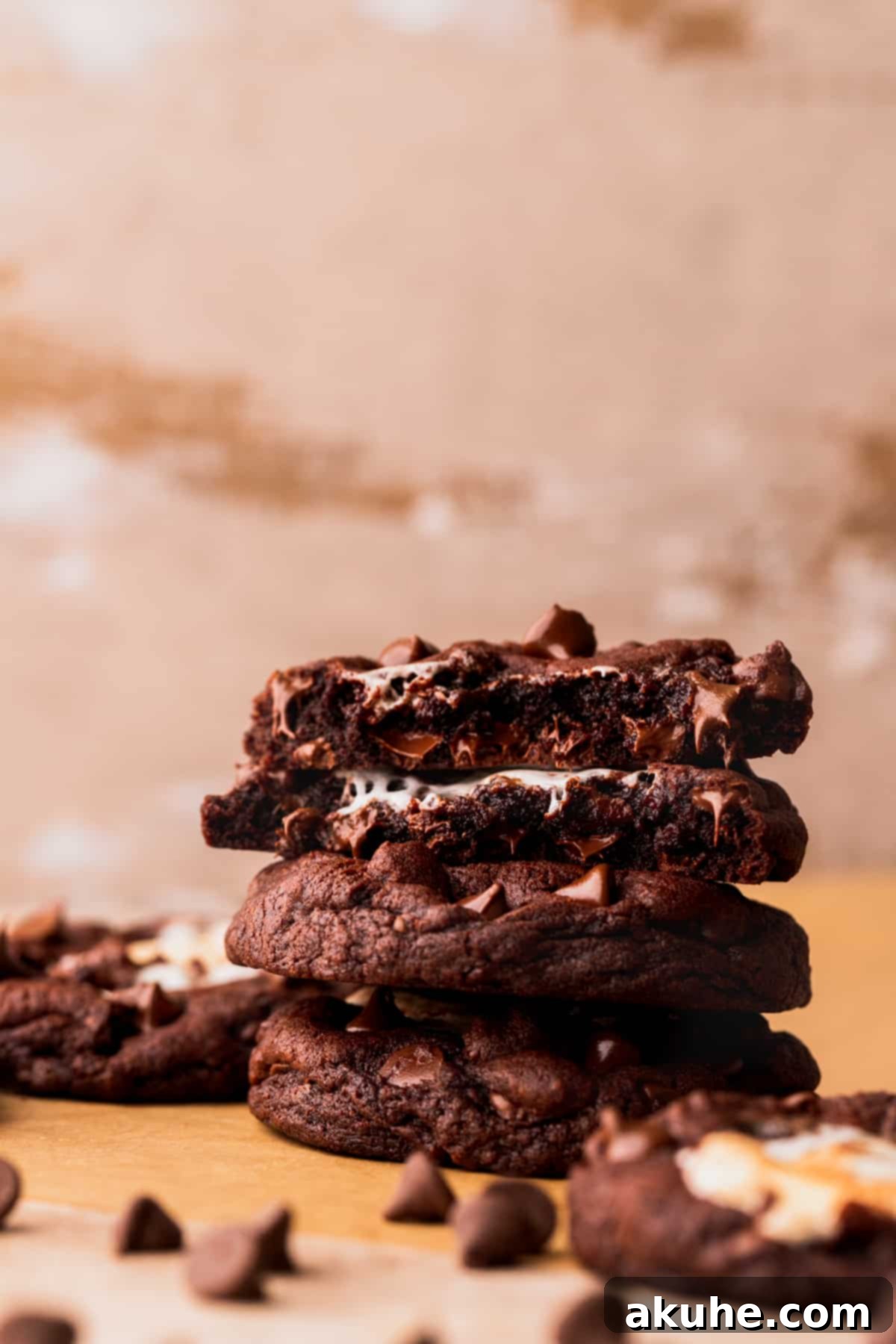 Stack of freshly baked chocolate marshmallow cookies.