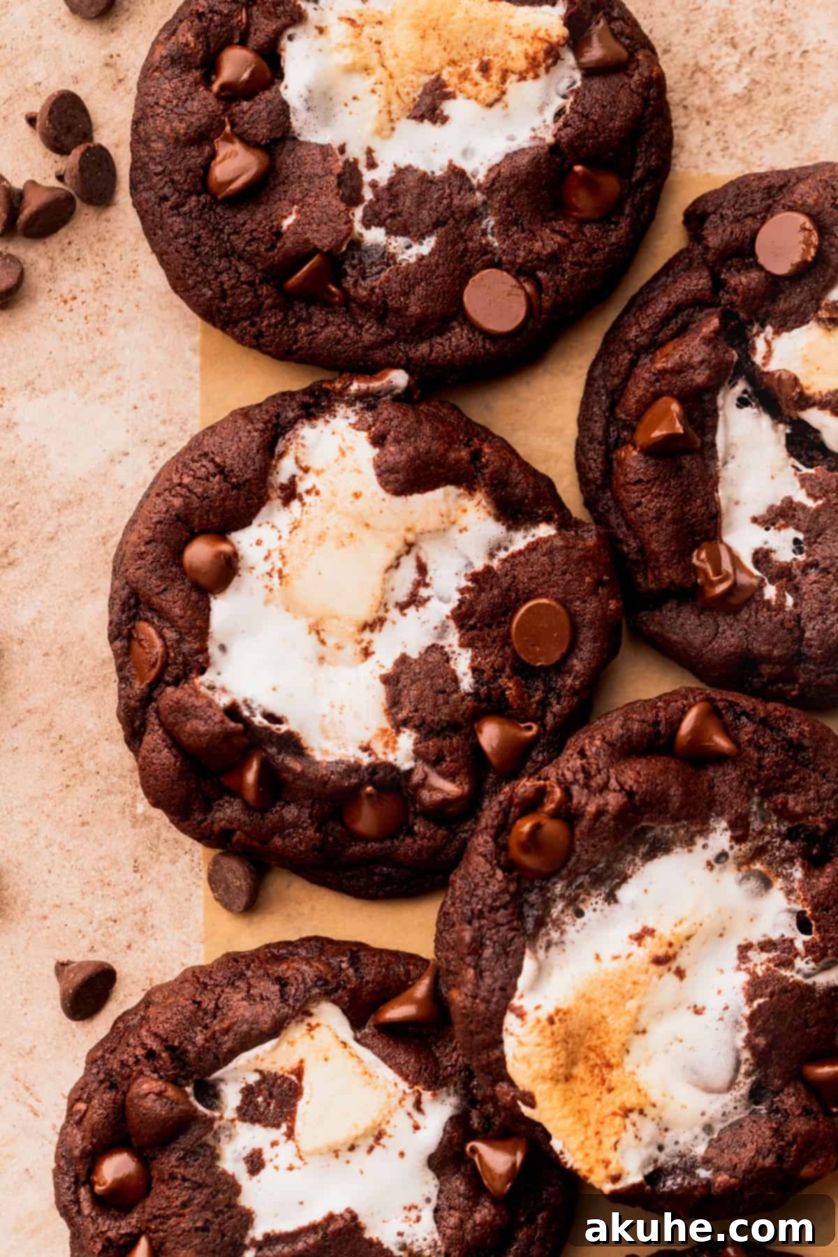 Top view of baked chocolate marshmallow cookies on a cooling rack.