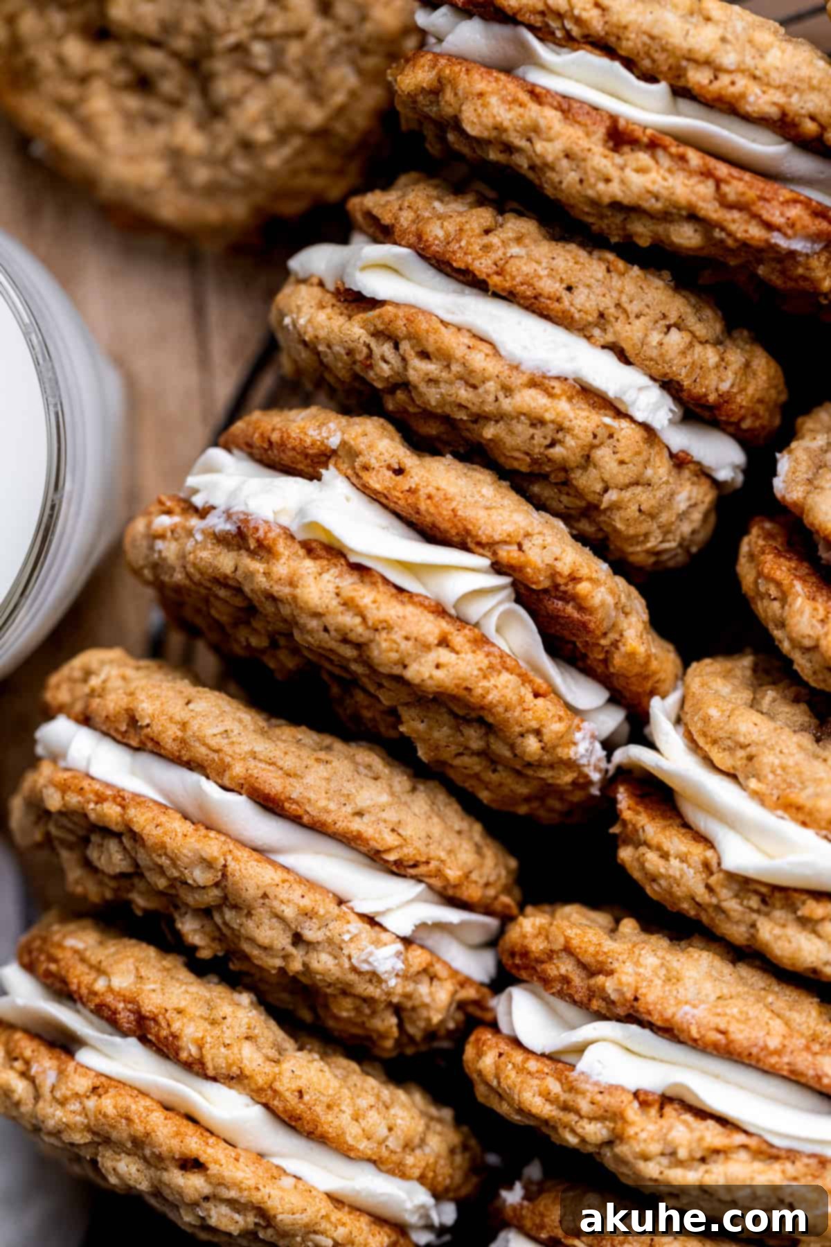 Classic Oatmeal Cream Cookies 2 Close up of a homemade oatmeal cream pie on its side, revealing the creamy marshmallow filling.