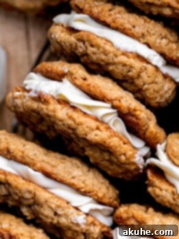 Classic Oatmeal Cream Cookies 11 Close up of oatmeal cream pies on its side.
