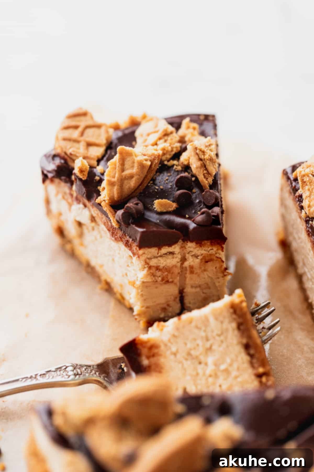Close up of a slice of peanut butter cheesecake with a bite missing, showcasing its creamy texture and crumbly Nutter Butter crust.