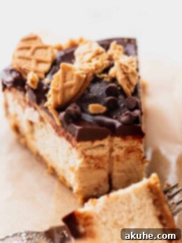 Slice of peanut butter cheesecake with a bite missing, ready to be enjoyed.