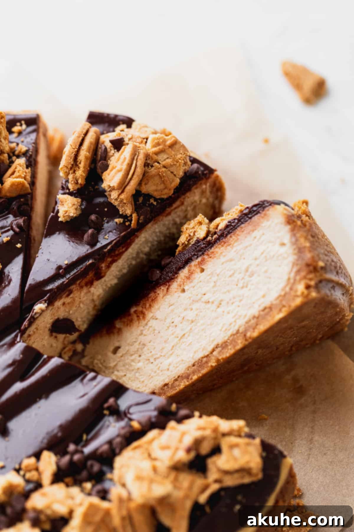 A slice of creamy peanut butter cheesecake carefully positioned on its side, ready for serving.