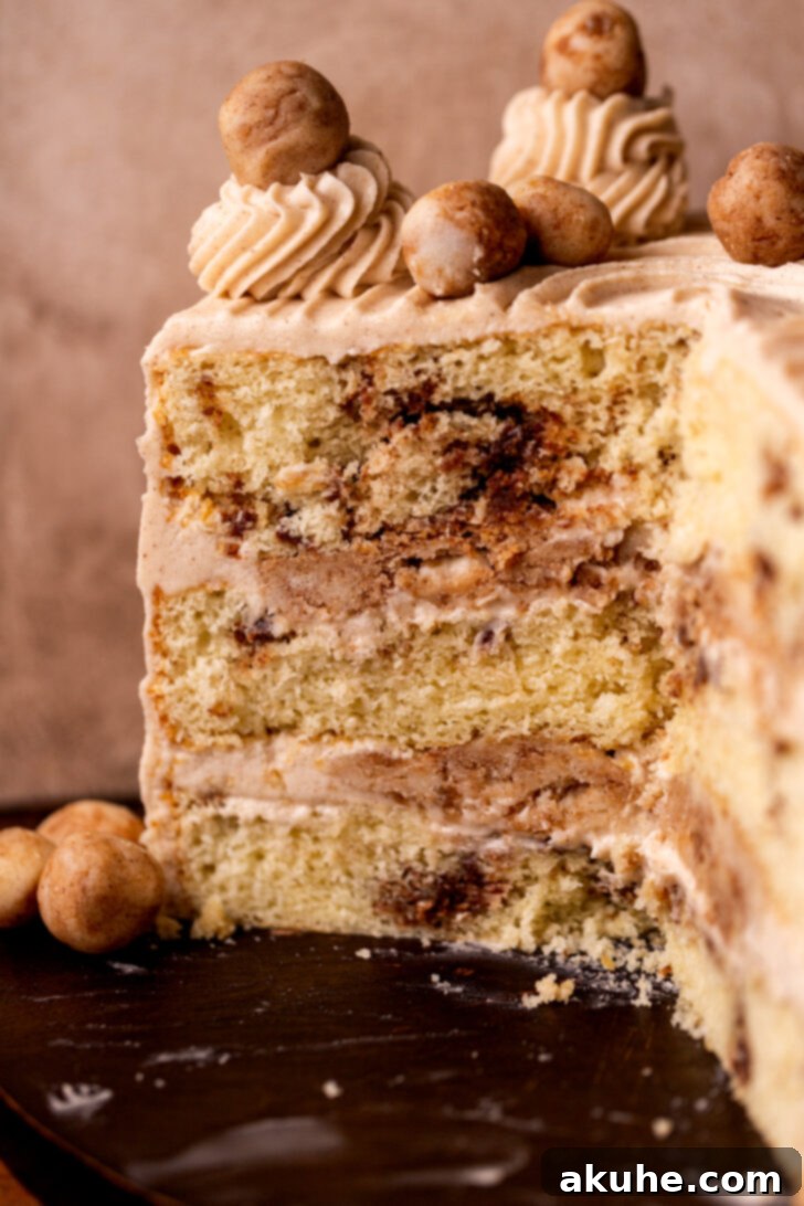 Golden Cinnamon Swirl Cake 14 Side view of the impressive Snickerdoodle Cake, showcasing all its distinct layers.