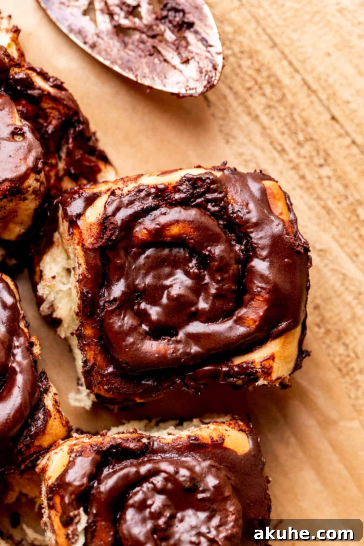 Chocolate Cinnamon Rolls 2 One luscious chocolate cinnamon roll, perfectly glazed.