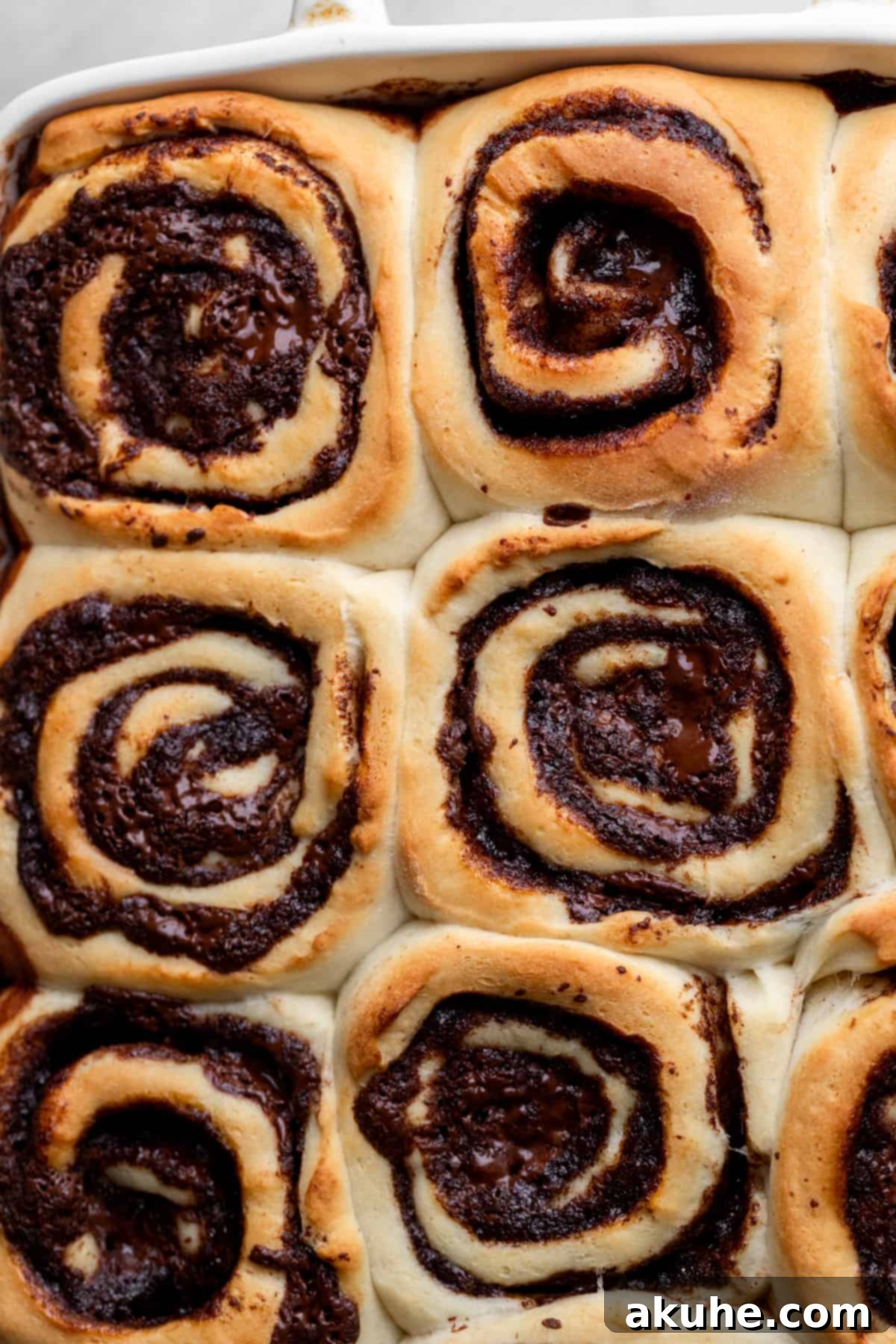Chocolate Cinnamon Rolls 8 Perfectly baked golden-brown chocolate cinnamon rolls in a pan, fresh from the oven.