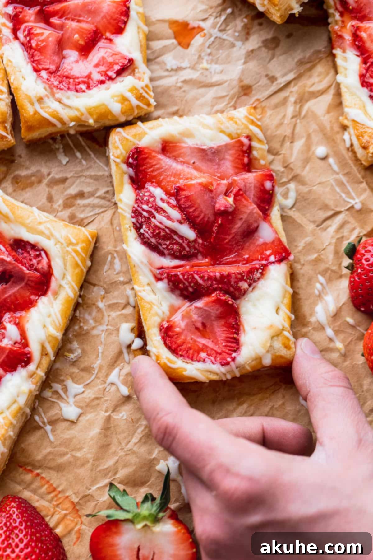 A hand reaching for a warm, freshly baked Strawberry Danish with lemon icing.