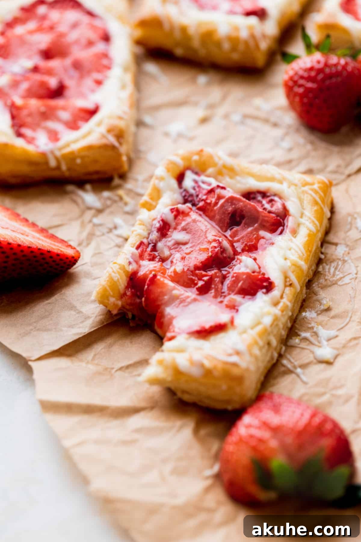 A delicious Strawberry Danish, viewed from the side, showing a perfect bite taken out, revealing the layers of flaky pastry, creamy filling, and fresh strawberries.