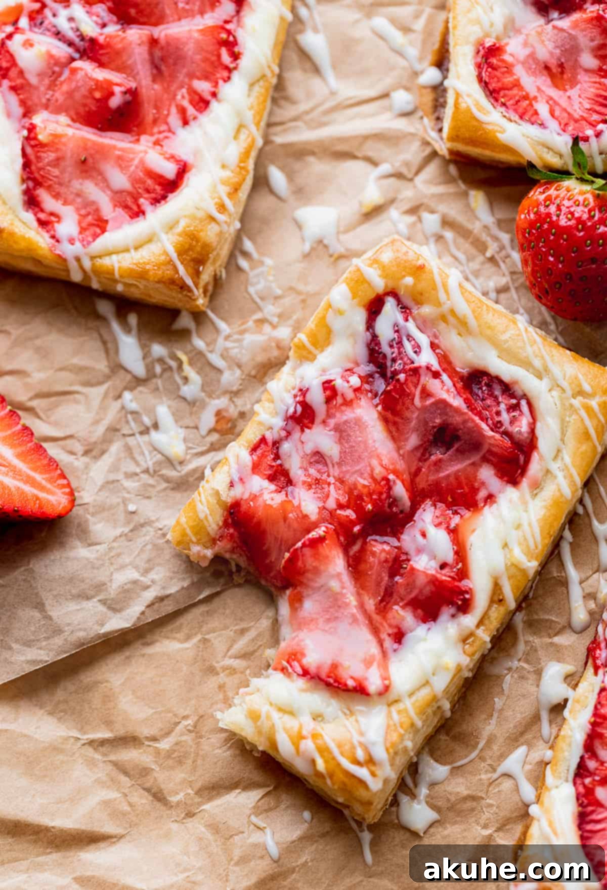 A close-up of a Strawberry Danish with a bite missing, surrounded by whole fresh strawberries, highlighting its deliciousness.