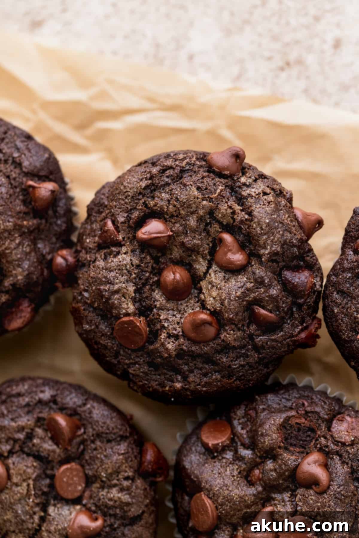 Decadent Triple Chocolate Muffins 2 Top view of triple chocolate muffins.