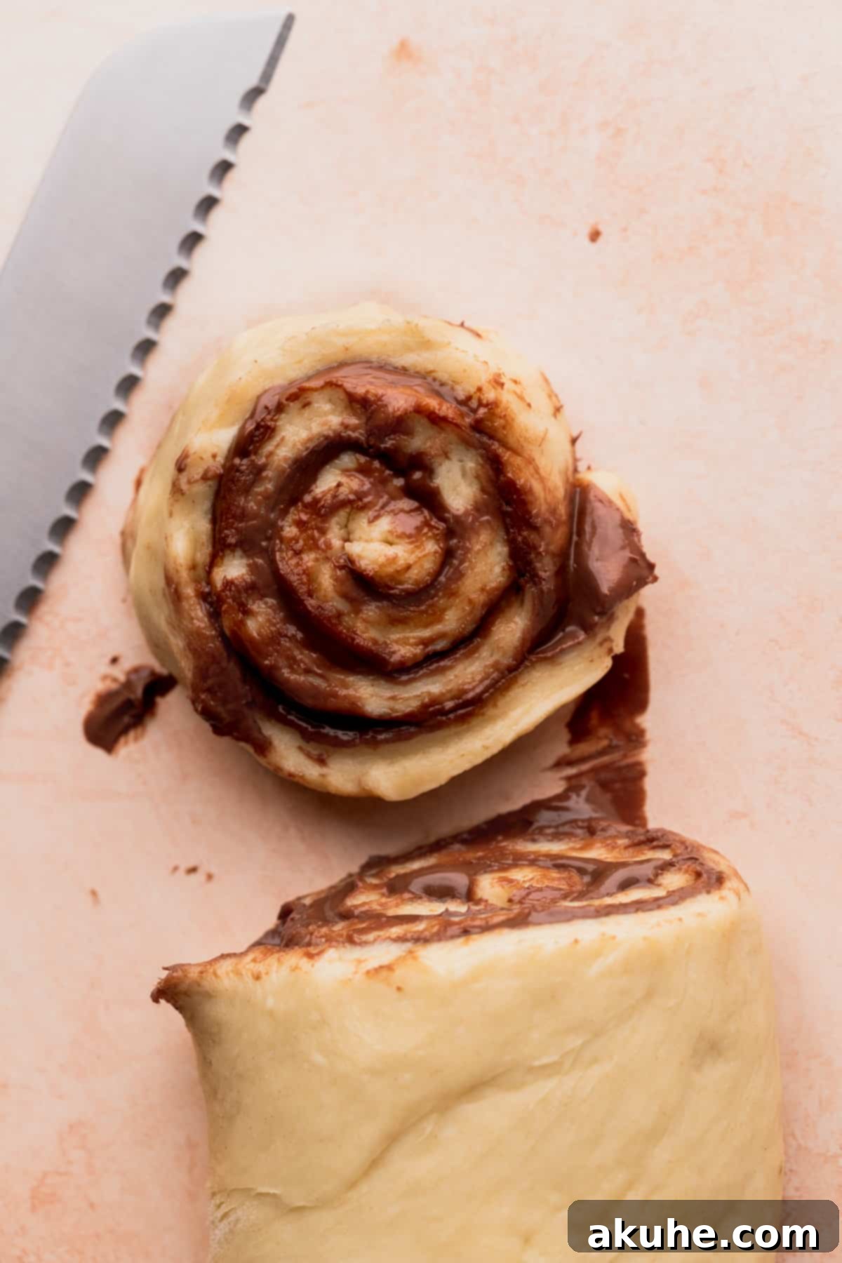 A perfectly cut roll from the Nutella log, showing the swirls.