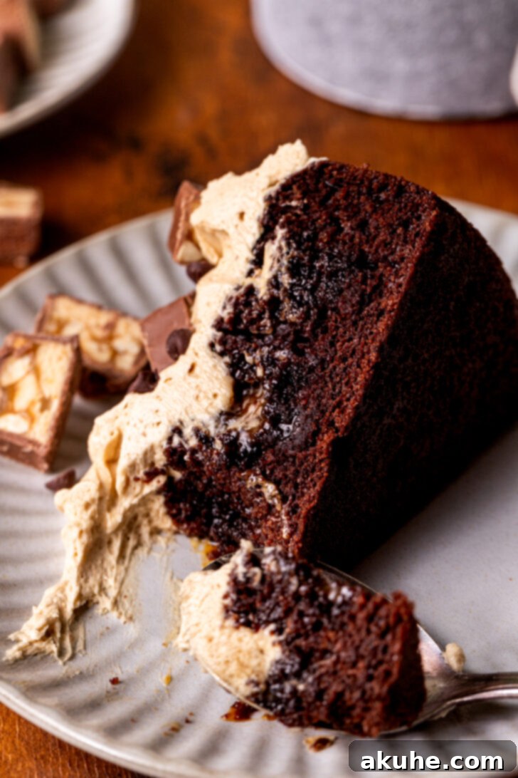 A single slice of Snickers cake, artfully placed on its side on a white plate, revealing the layers of chocolate cake, caramel, and peanut butter frosting.