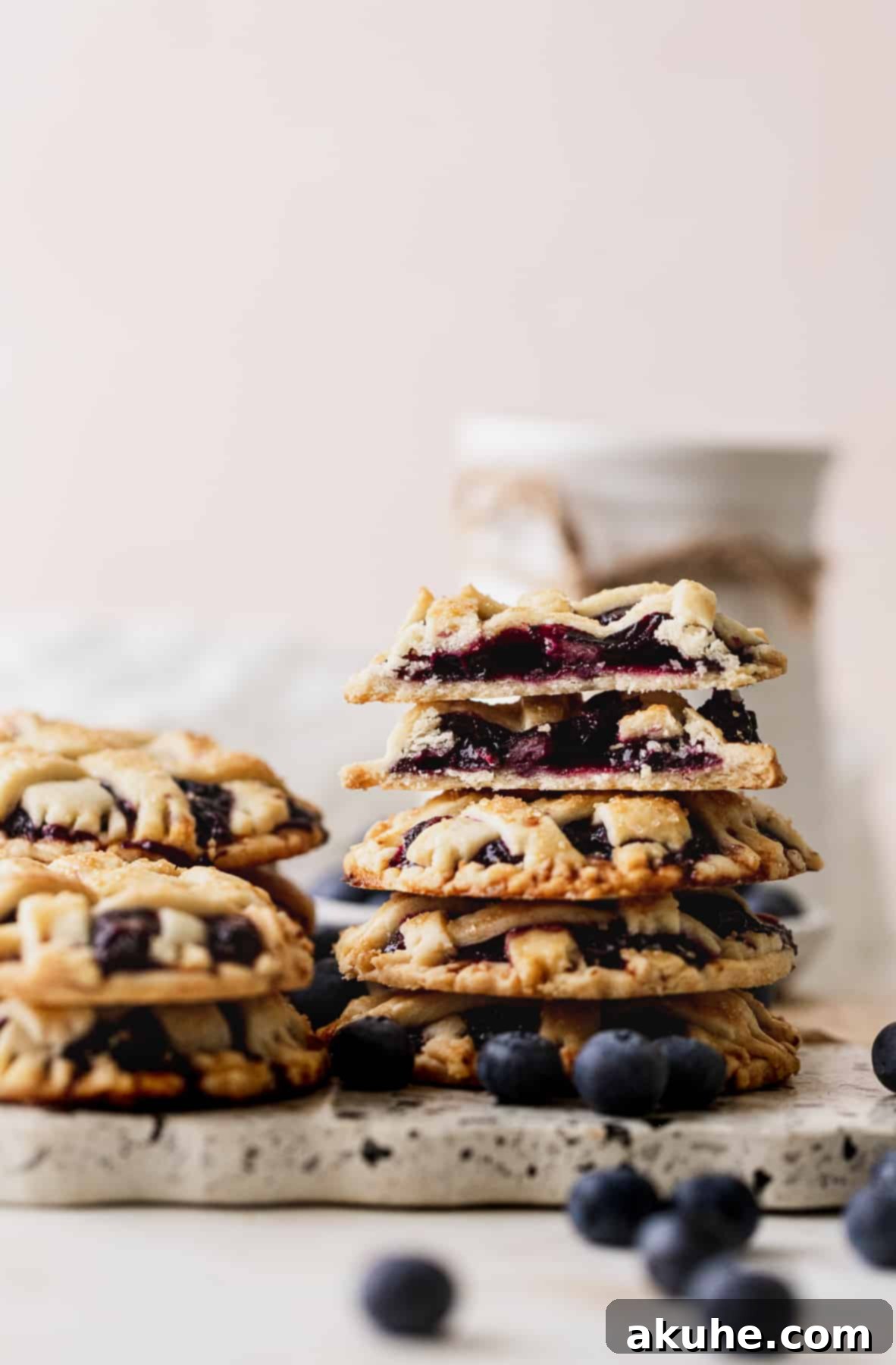 Blueberry Pie Bites 12 A stack of perfectly baked mini blueberry pies, with one split open to reveal the juicy blueberry filling, on a white plate.
