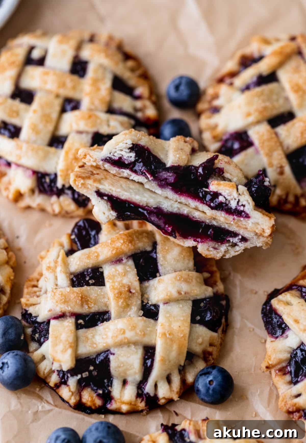 Blueberry Pie Bites 3 A mini blueberry pie cut in half, revealing the vibrant purple blueberry filling and the delicate layers of flaky pie crust.