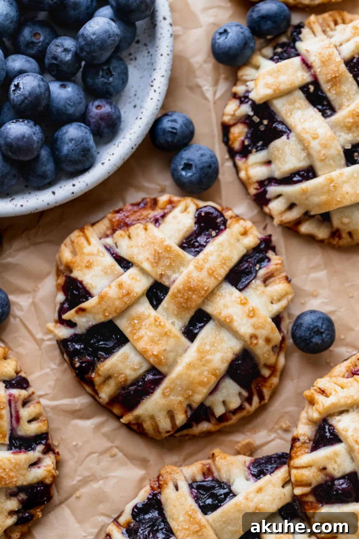 Blueberry Pie Bites 4 Numerous unbaked mini blueberry pies with lattice tops, arranged neatly on parchment paper on a baking sheet, ready for the oven.