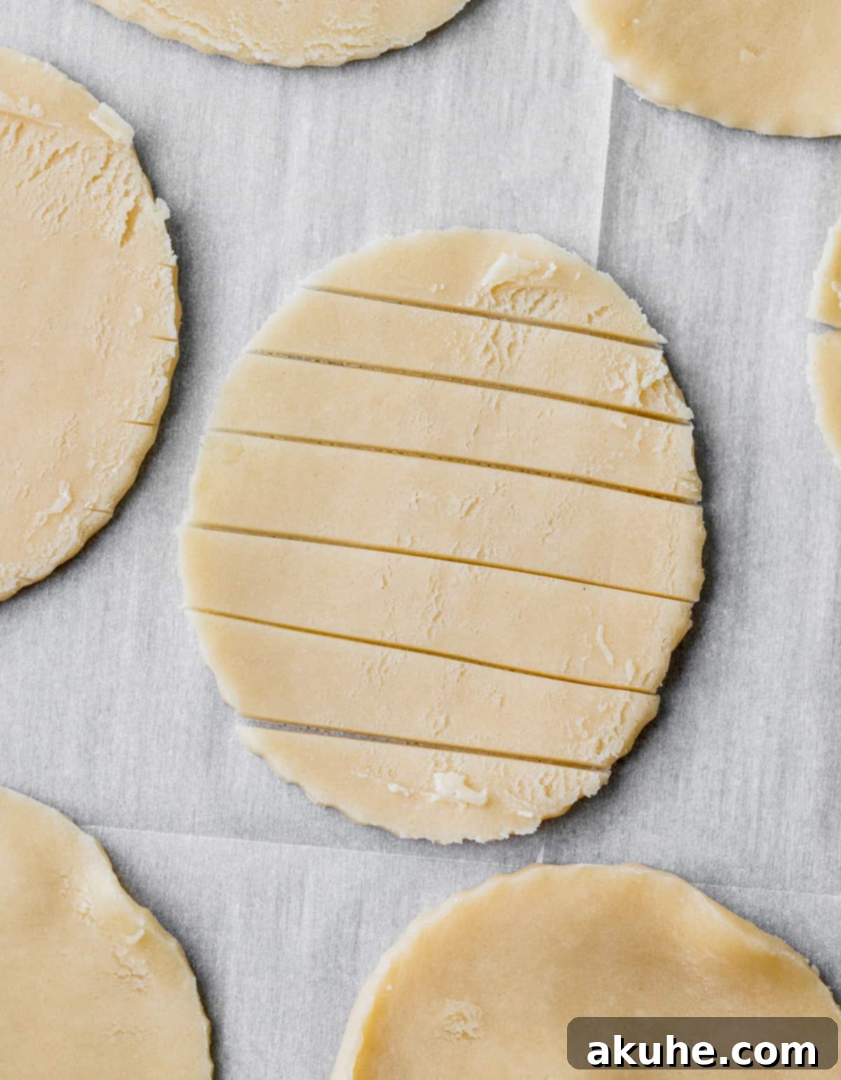 Blueberry Pie Bites 10 A larger pie dough circle neatly cut into even strips with a pizza cutter, prepared for creating lattice tops.