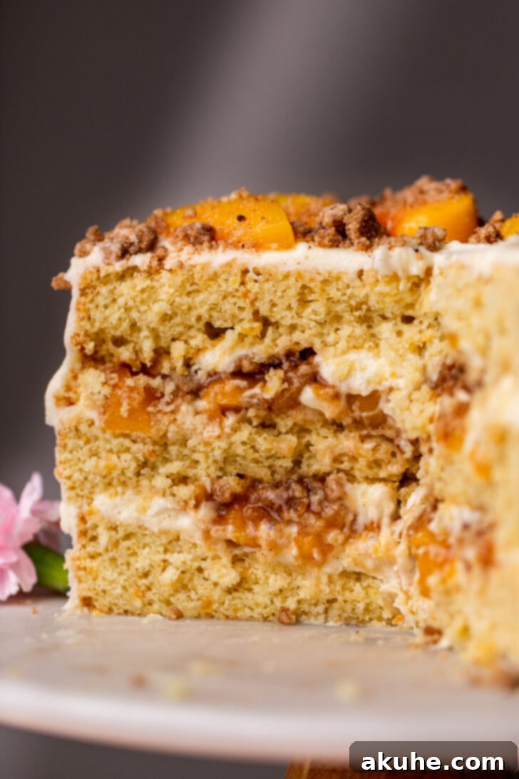 Side view of the meticulously crafted Peach Cobbler Cake, showing its distinct layers of cake, filling, and frosting.