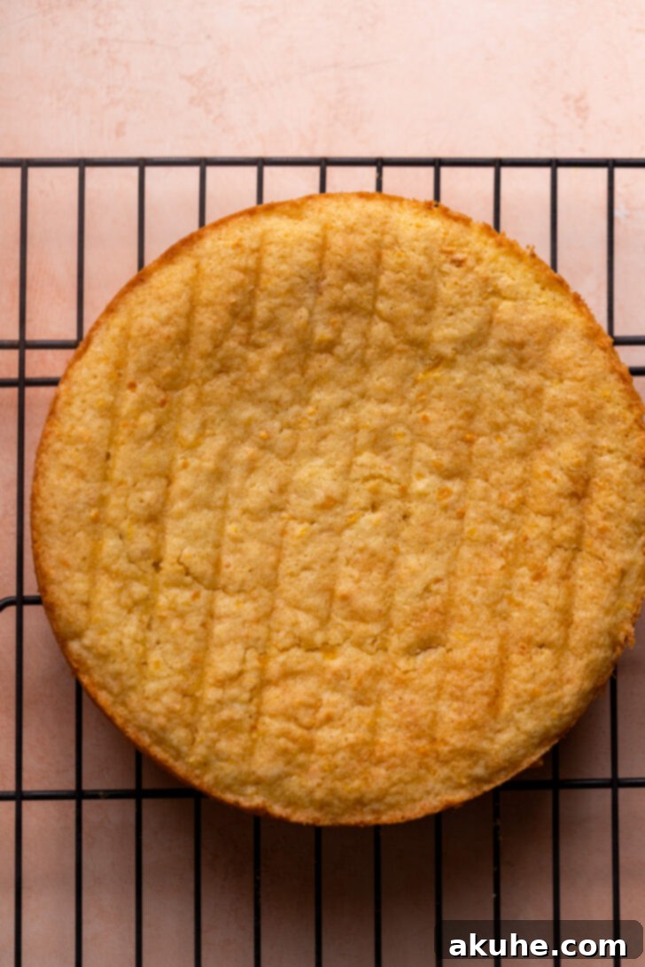 Freshly baked cake layers resting on a wire rack.