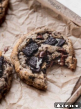 Decadent Oreo Chocolate Chip Cookies 11 Oreo chocolate chip cookie with a bite missing.