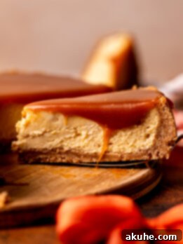 Velvet Caramel Indulgence 12 Slice of caramel cheesecake on the wood board.