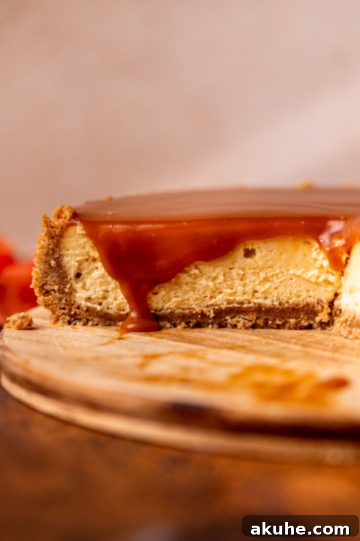 Velvet Caramel Indulgence 3 A stunning side view of the complete salted caramel cheesecake, revealing its distinct layers of golden crust, creamy caramel cheesecake, and a generous drizzle of homemade caramel topping.