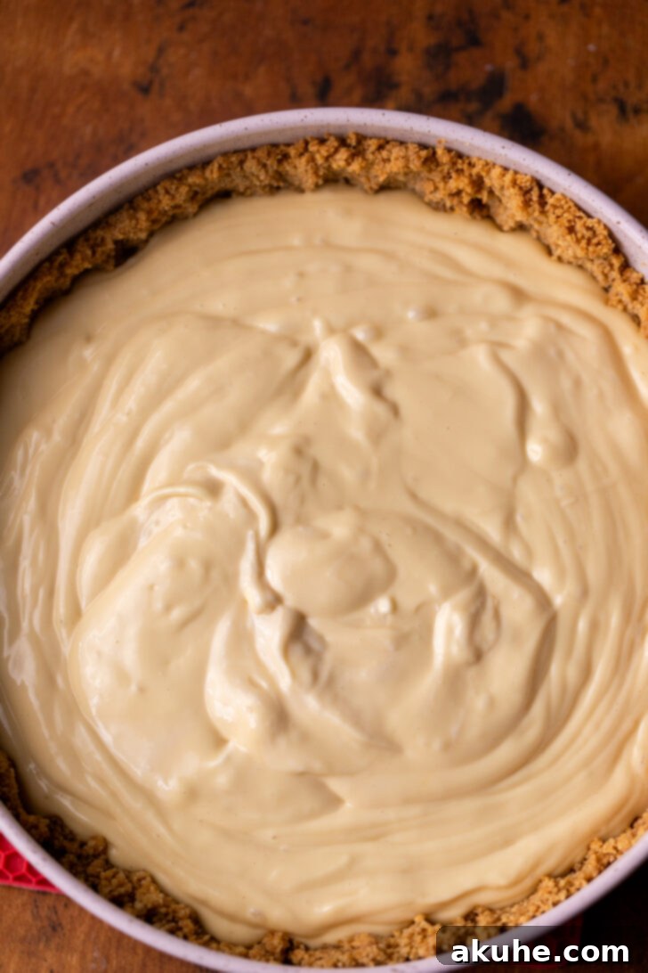 Velvet Caramel Indulgence 7 The smooth caramel cheesecake batter carefully poured over the pre-baked graham cracker crust in a springform pan.