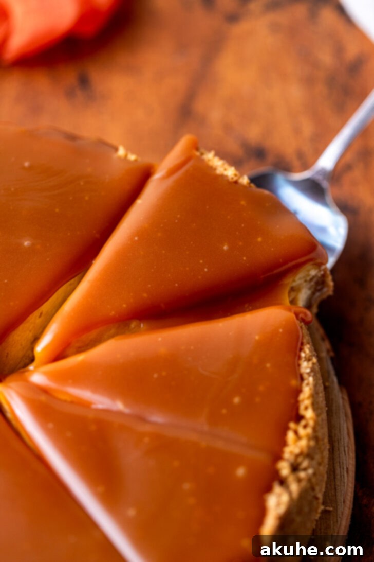 Velvet Caramel Indulgence 9 Generous swirls of luscious caramel drizzled over the top of a chilled caramel cheesecake, creating an irresistible finish.