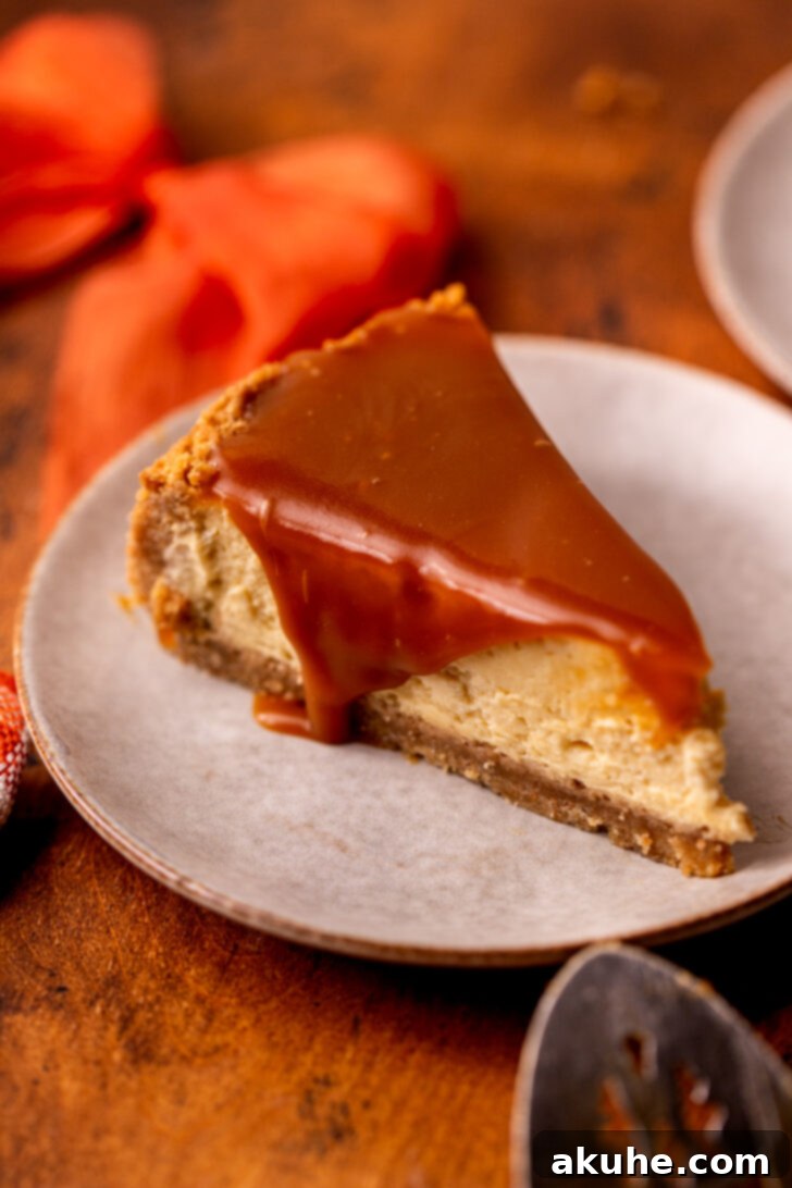 Velvet Caramel Indulgence 10 An enticing top-down view of a thick slice of caramel cheesecake, revealing its layers of crust, creamy filling, and abundant caramel topping.
