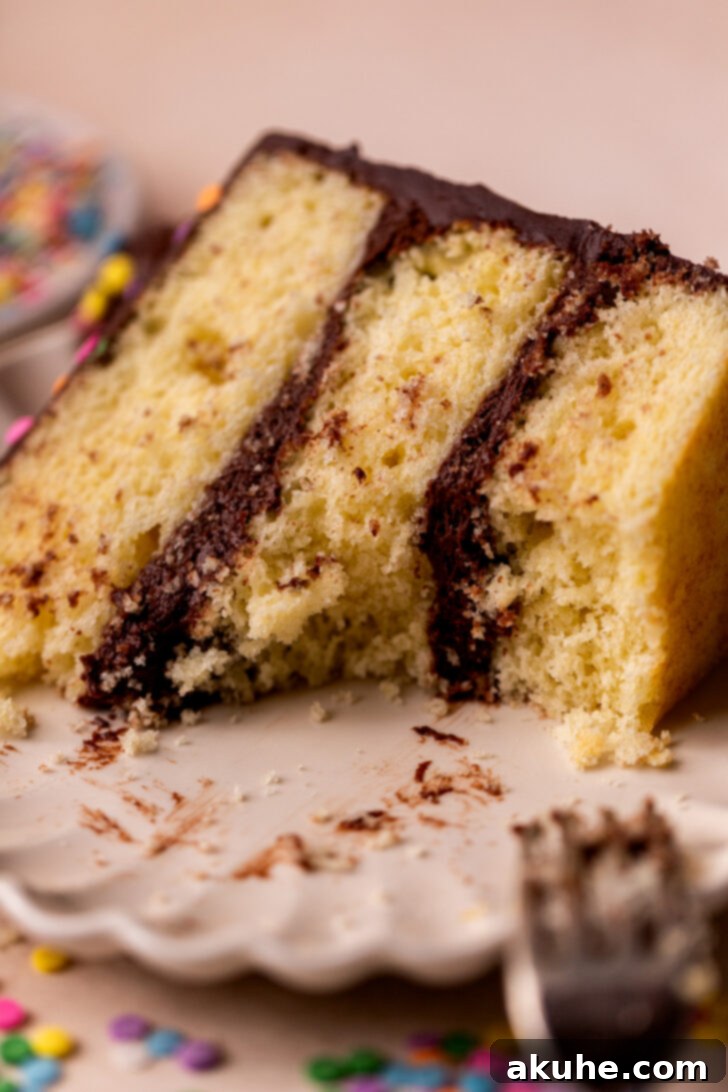Classic Yellow Cake 11 A delectable slice of yellow cake with a bite missing, revealing its moist layers and generous chocolate frosting, tempting for another taste.