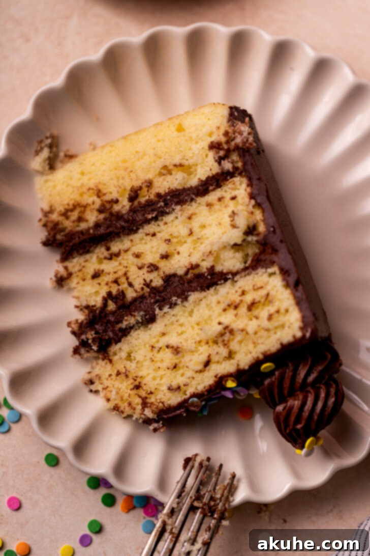 Classic Yellow Cake 12 A pristine slice of homemade yellow cake, adorned with chocolate cream cheese frosting and sprinkles, perfectly placed on a white plate.