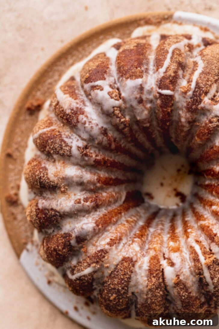 Spiced Apple Cider Donut Cake 3 An overhead view of the full apple cider donut bundt cake, showing its intricate design and glistening glaze.