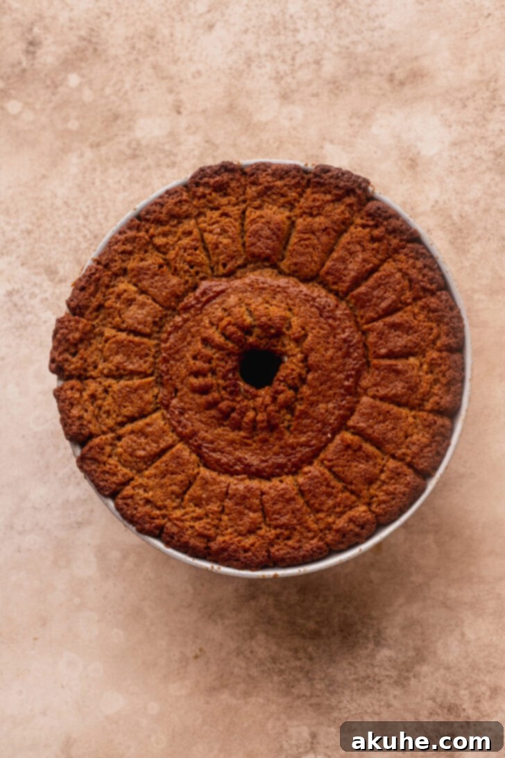 Spiced Apple Cider Donut Cake 7 A freshly baked apple cider donut cake cooling in the bundt pan after being removed from the oven.