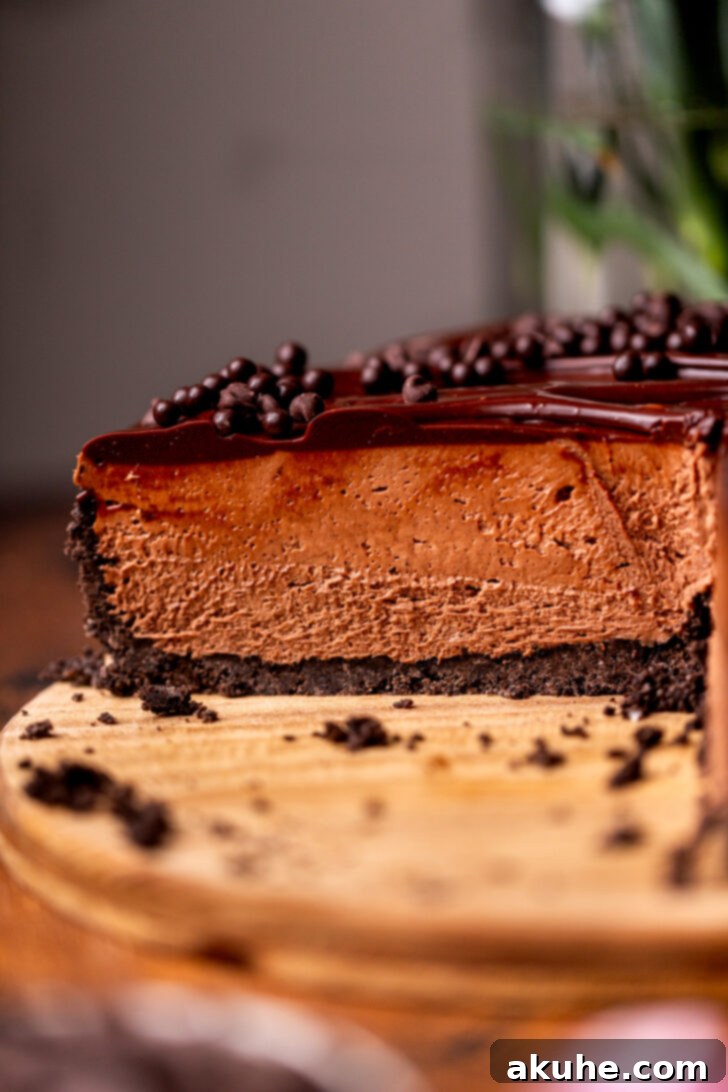 Side view of a perfectly chilled no-bake chocolate cheesecake, showing off its tall, elegant profile and smooth layers.