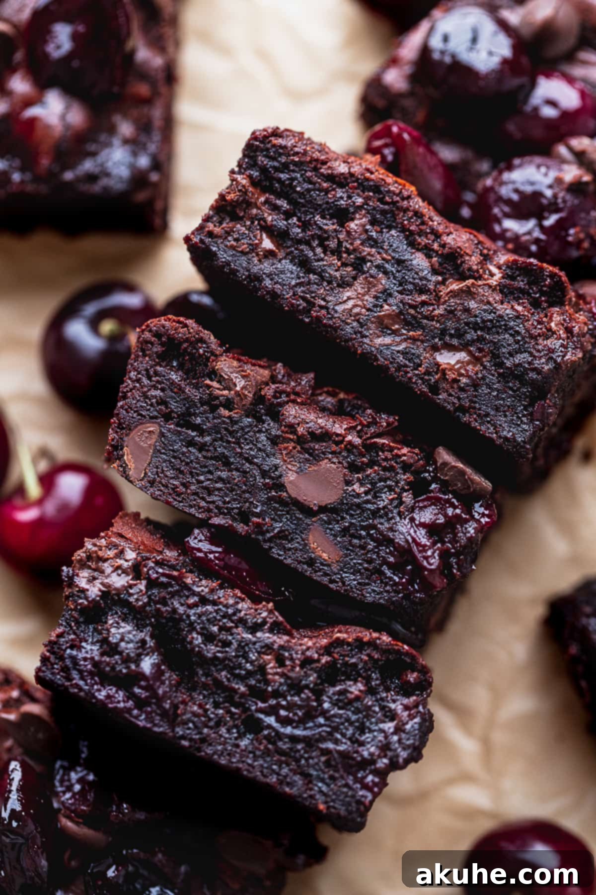 Deep-Roasted Cherry Chocolate Brownies 8 Side view of fudgy chocolate cherry brownies on a cooling rack.