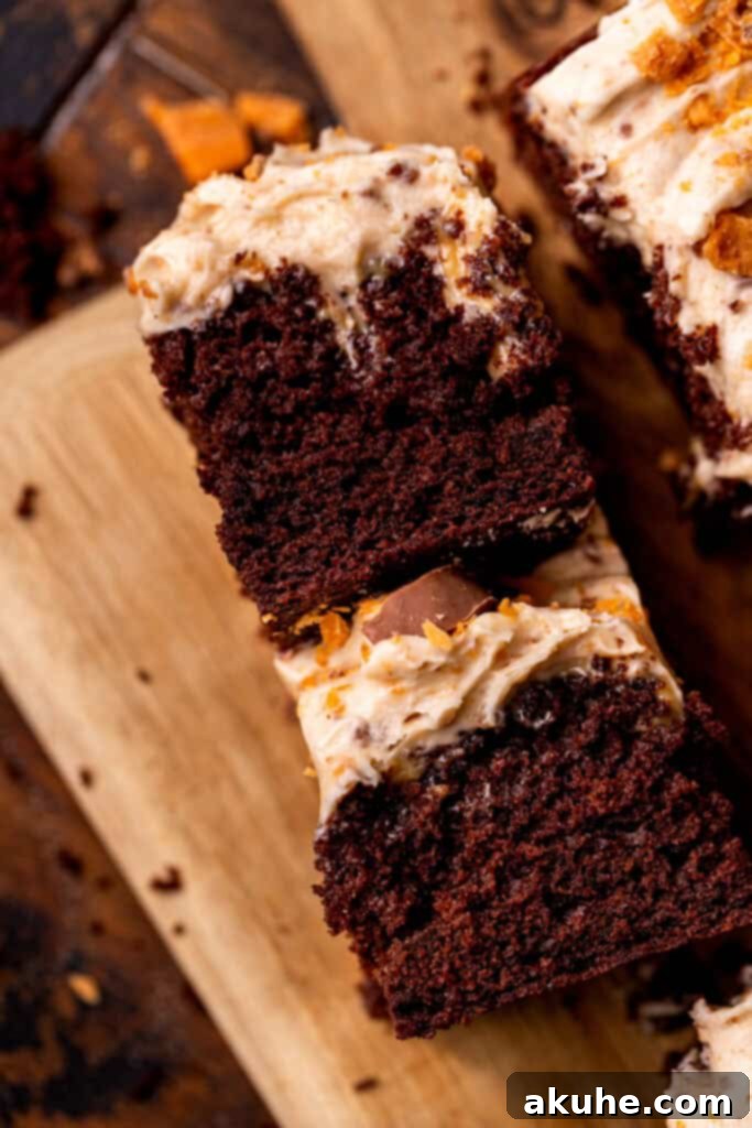 Decadent Butterfinger Crunch Cake 12 Two pieces of Butterfinger cake on their side, revealing the beautifully layered interior of chocolate cake, peanut butter filling, and smooth frosting.