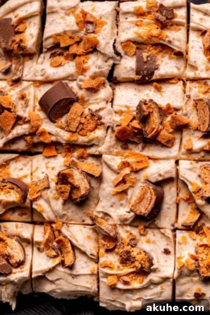 Decadent Butterfinger Crunch Cake 13 Top view of the fully decorated Butterfinger cake with ample crushed Butterfinger candy on the frosting, showcasing its beautiful presentation.